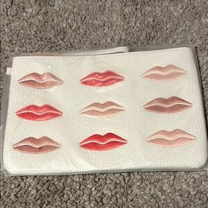 White Lip Embossed Cosmetic Pouch - Pink & Red Lips